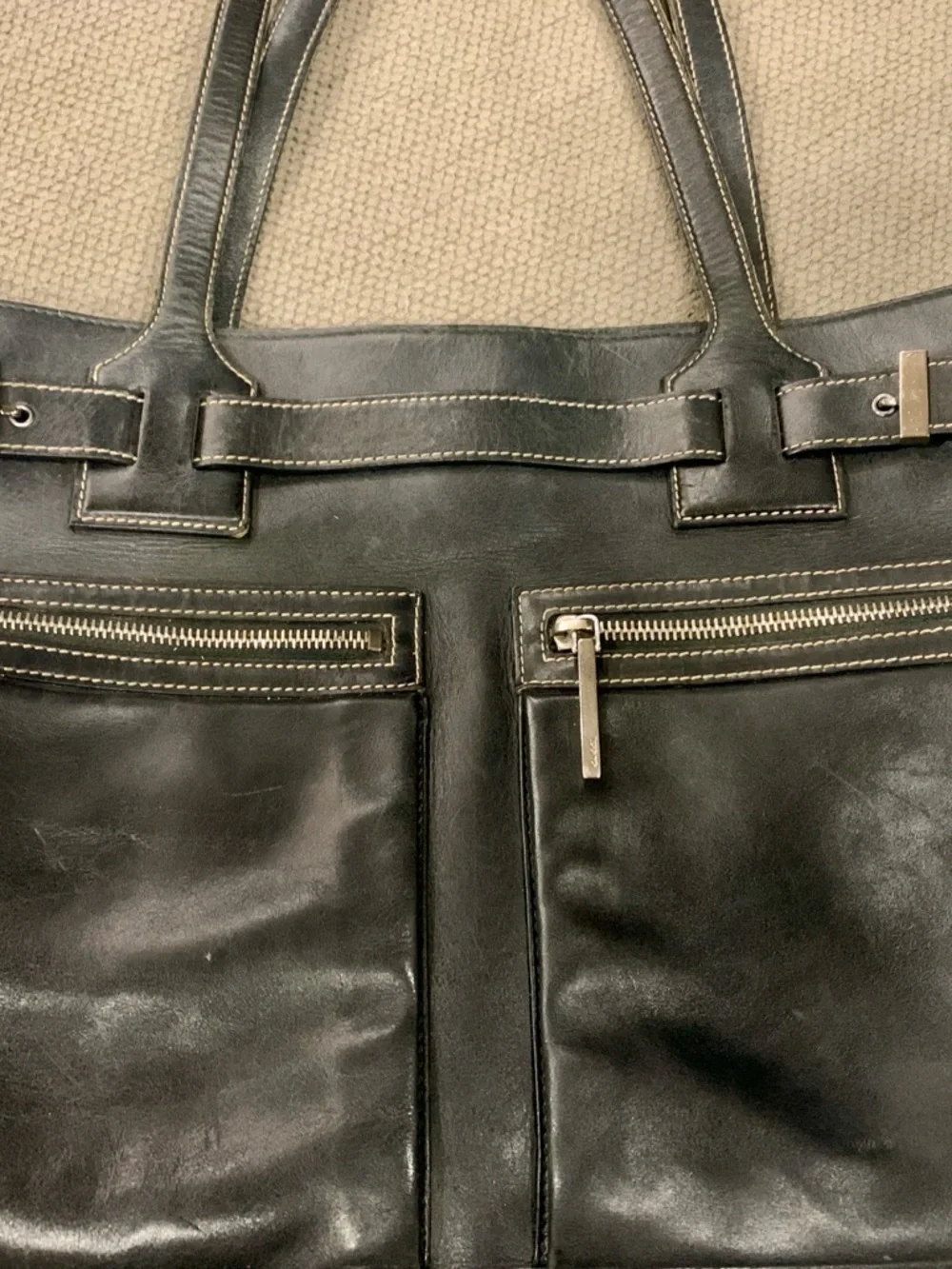 Vintage Gucci Large Soft, Black, Leather Tote with Front Zip Pockets.